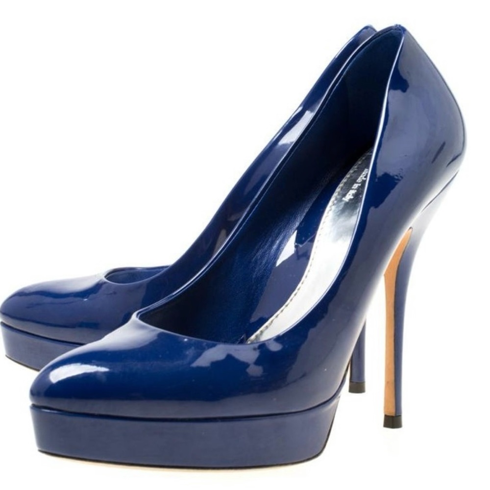 GUCCI Patent Leather Platform Pumps Size 7 - Vitelli Vernice Navy Blue